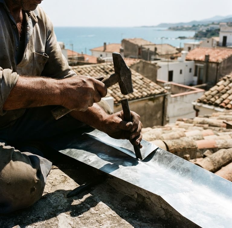Rugged documentary photography of an artisan's hands shaping zinc on a rooftop, bright Mediterranean daylight, high contrast shadows, 35mm