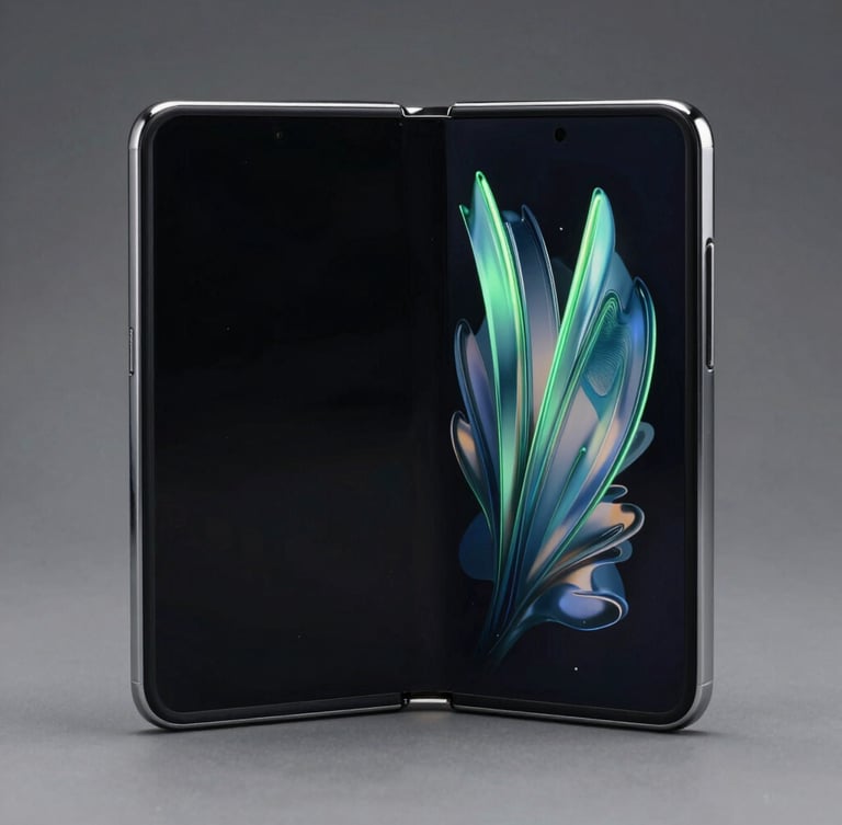Macro studio shot of a physical Pixel foldable screen, displaying a custom fluid interface animation with sharp electric-mint edge reflections on the dark glass.