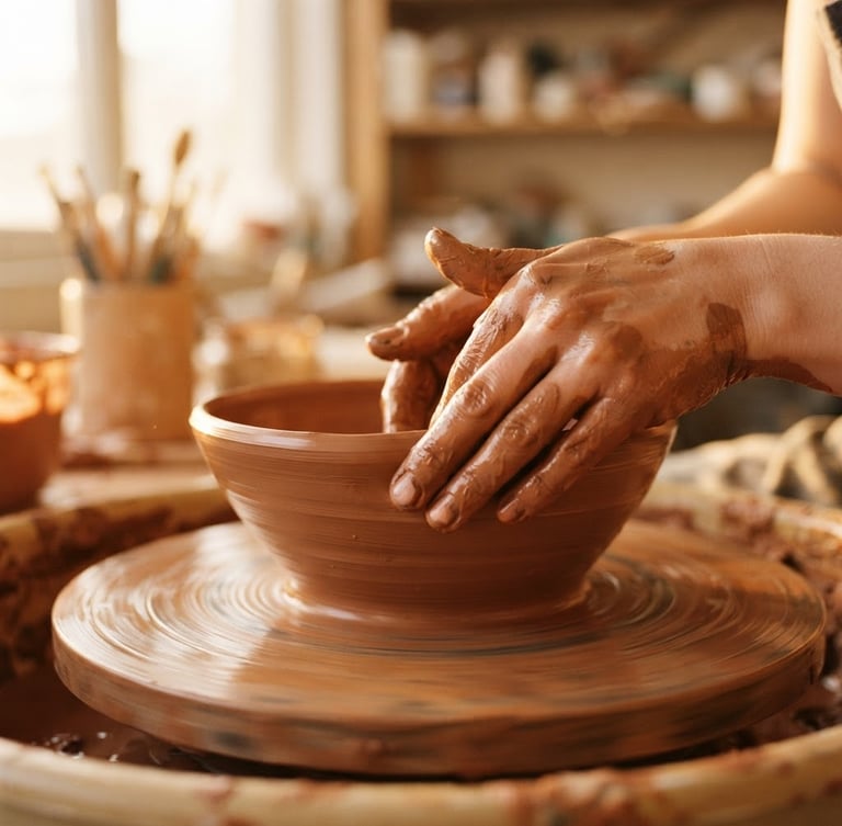 Close-up of potter's hands covered in wet terracotta clay, shaping a wide bowl on a spinning wooden wheel, warm golden-hour sunlight, shallow depth of field