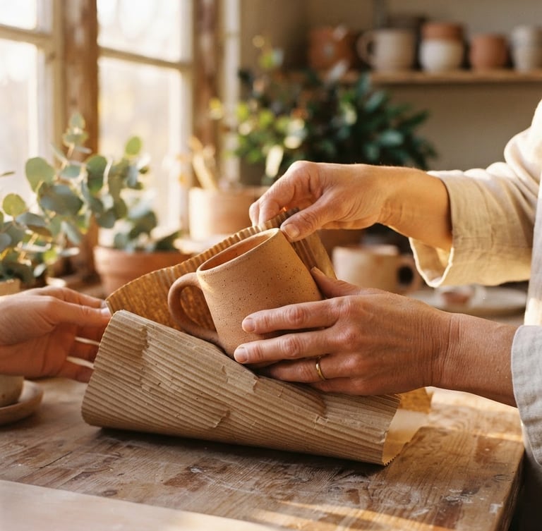 Hands carefully wrapping a terracotta ceramic mug in corrugated brown paper, warm golden-hour light streaming through a window, shallow depth of field, 35mm