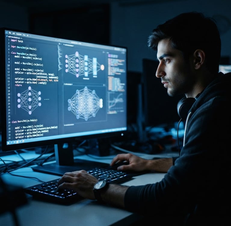 A moody technology photograph with low-key cool blue ambient light, close-up of a developer analyzing complex neural network code on a high-resolution screen, sharp technical details, 35mm