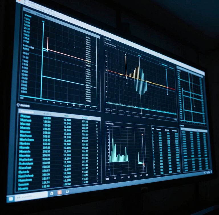Moody technology photography of high-fidelity data visualizations on a large screen in a dark control room, cool blue and cyan ambient lighting, sharp technical gridlines, high contrast