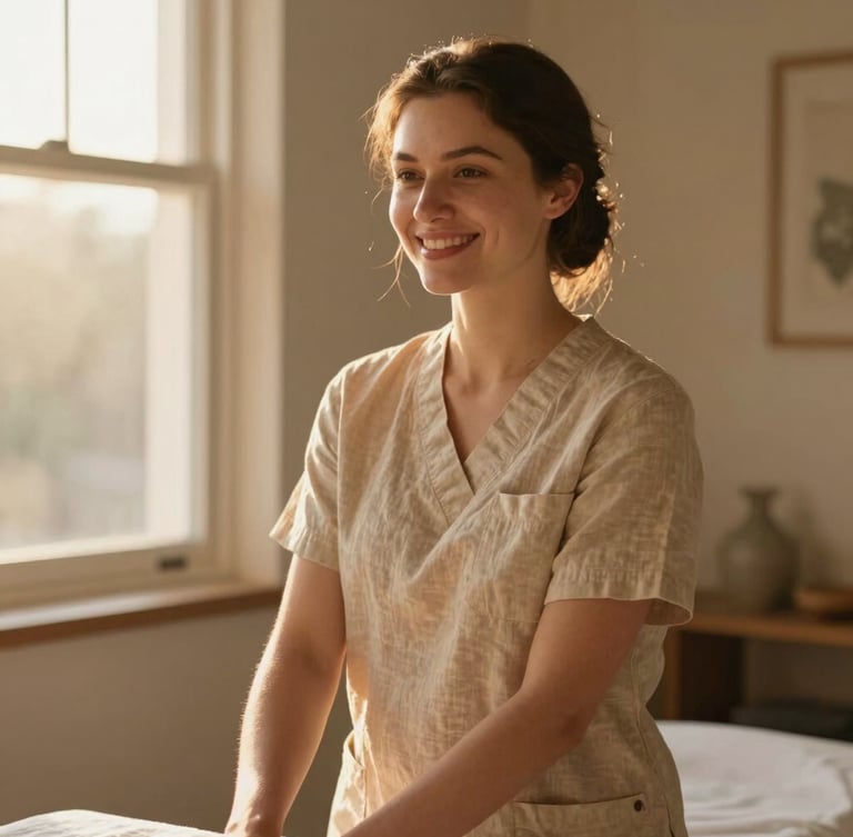 Professional female massage therapist in clean, warm-toned linen attire smiling warmly, soft residential interior with golden hour window light, 35mm photography