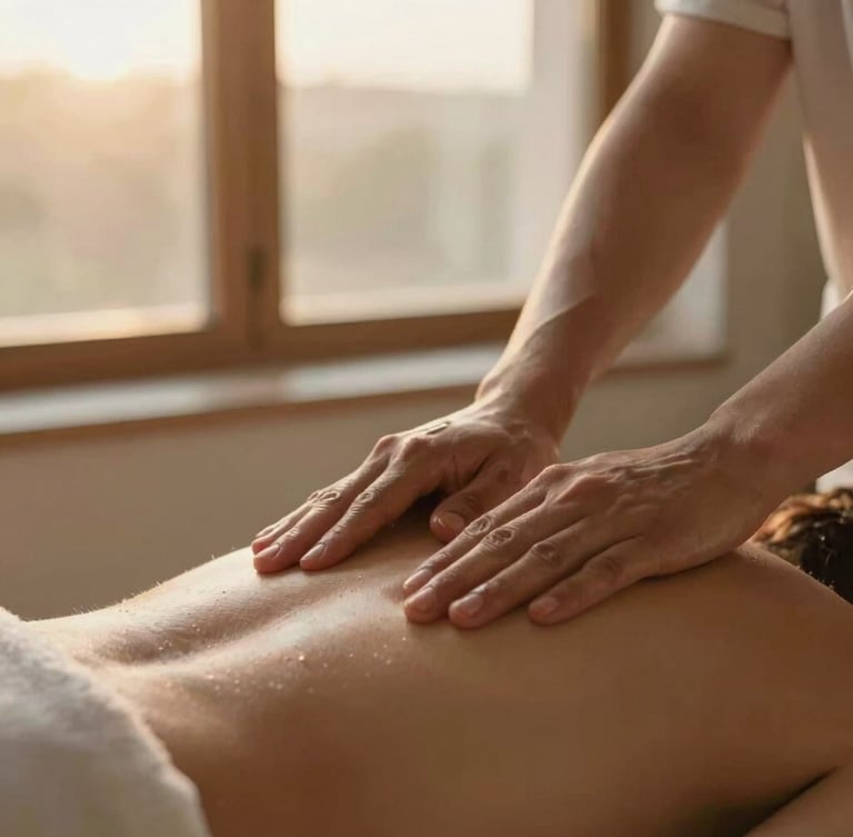 Close-up of a massage therapist's hands applying organic oil to a client's back, soft golden-hour window light, warm earth tones, shallow depth of field, professional setting
