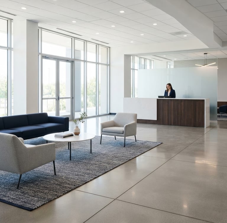 Clean editorial photography of a bright, modern corporate office lobby with polished concrete floors reflecting soft window light, minimalist furniture, clean lines, 35mm