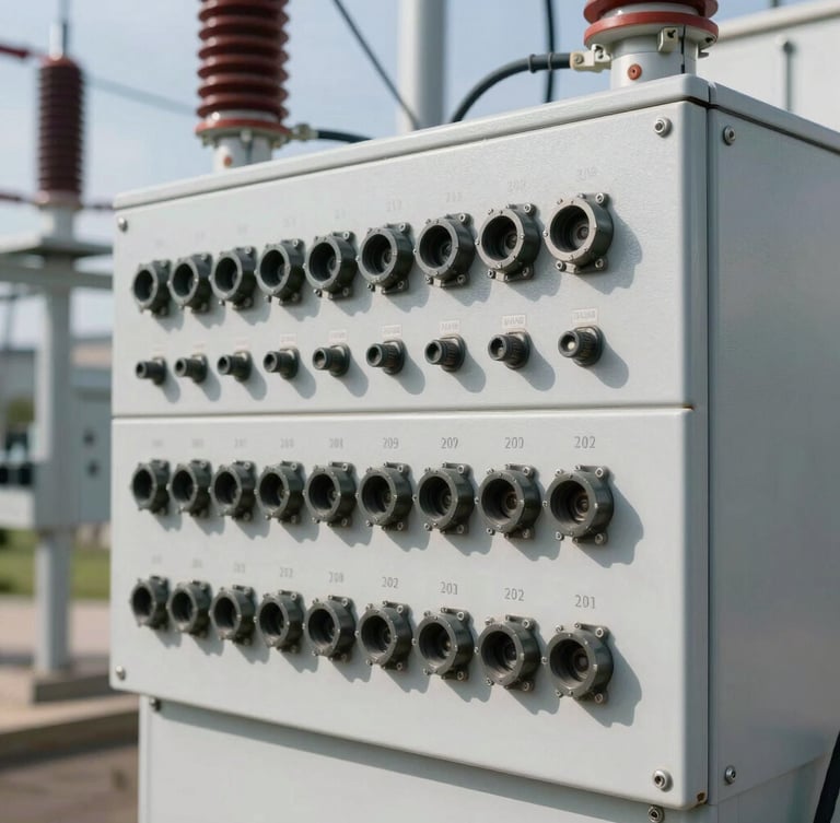 A sharp, high-resolution portrait photograph of a clean, modern electrical substation installation, focusing on the standardized input pattern (padrão de entrada) with professional wiring, clear daylight, technical precision.