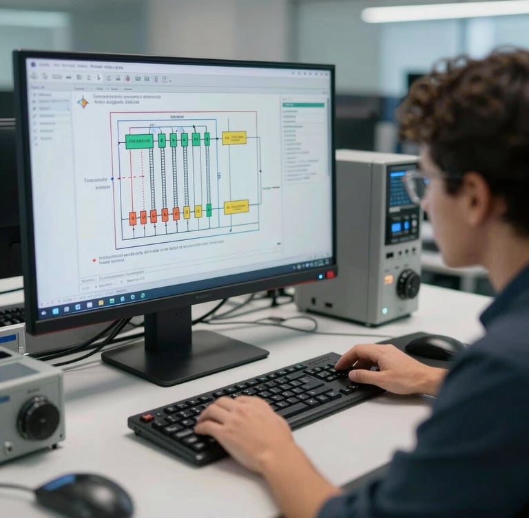 Enquadramento médio de engenheiro eletricista analisando diagrama unifilar complexo em tela de monitor de alta resolução, iluminação clara de escritório técnico.