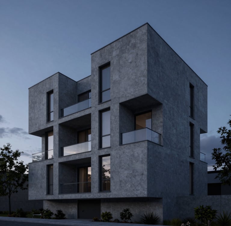 Photorealistic 3D architectural render of a modern minimalist concrete residential building at dramatic twilight, sharp focus, cool blue and dark gray tones, side perspective.