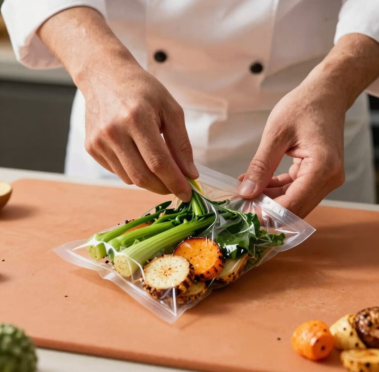 Close-up of chef hands vacuum-sealing vibrant green vegetables and roasted root crops in a modern clean kitchen, warm daylight, 35mm.
