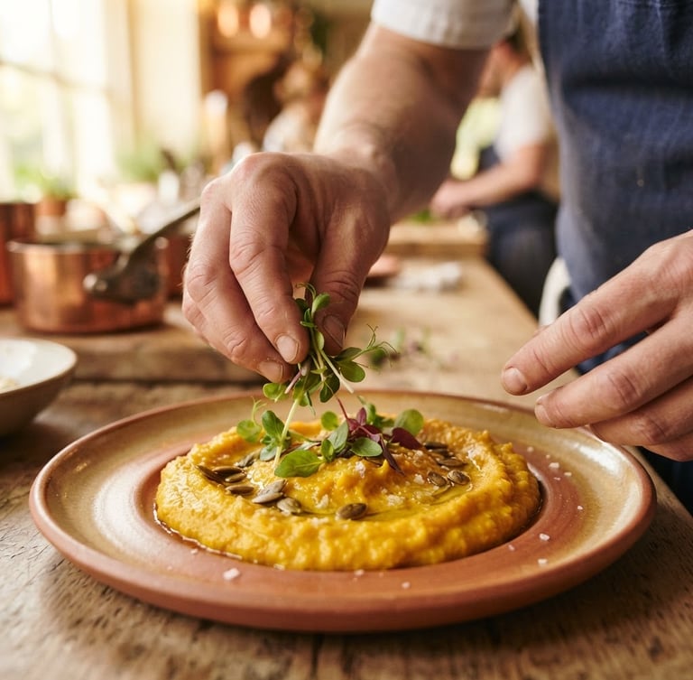 A close-up of a chef's hands carefully placing microgreens on a vibrant, golden-orange roasted squash puree, warm morning daylight, shallow depth of field, 35mm.