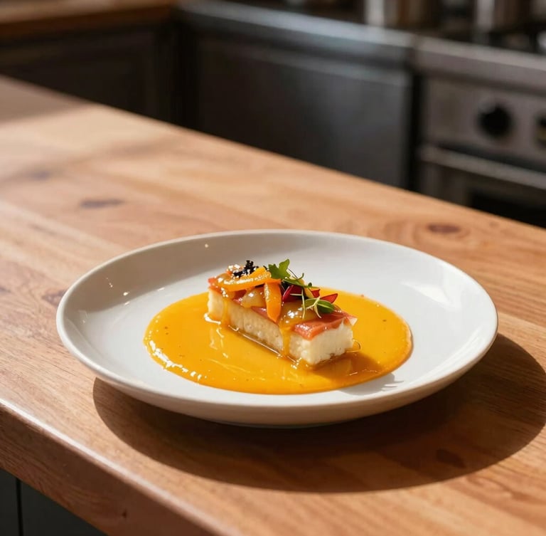 Warm high-end restaurant kitchen counter, a beautifully plated modern functional dish with vibrant orange citrus reduction, natural morning side light, 35mm photography