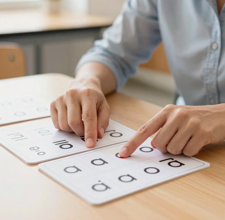 Tight action-oriented close-up of a teacher's hands pointing to printed phonics cards on a wooden desk, bright natural classroom daylight, shallow depth of field, 35mm lens