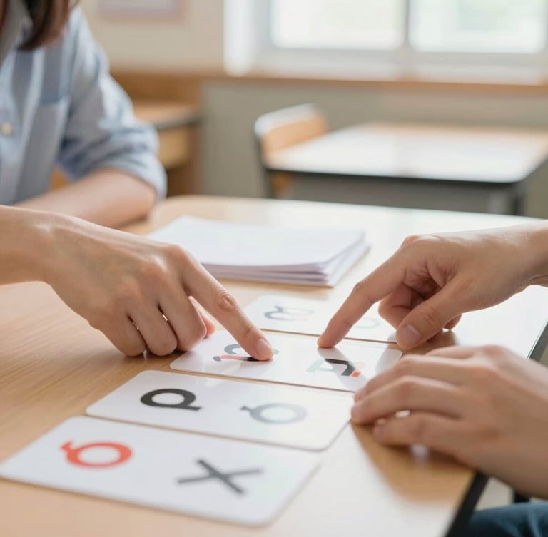 Tight, action-oriented close-up of a teacher's hands pointing to phonics cards on a desk under bright natural classroom daylight, shallow depth of field