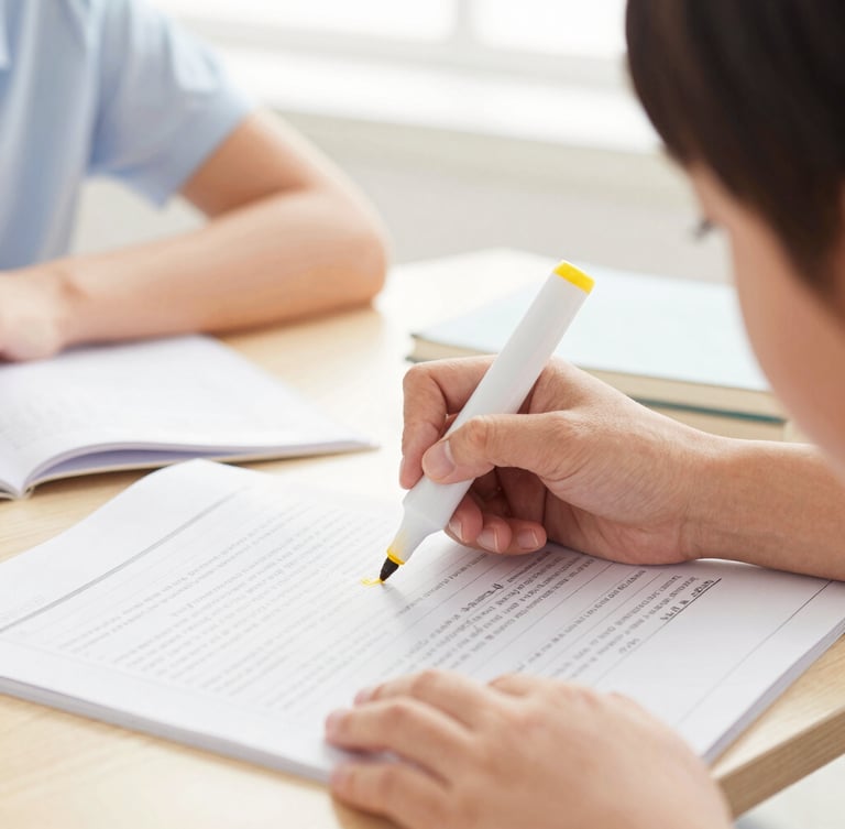 A tight close-up of a teacher's hand guiding a student's finger along a printed page, highlighting a word with a yellow marker, bright natural classroom light, shallow depth of field.