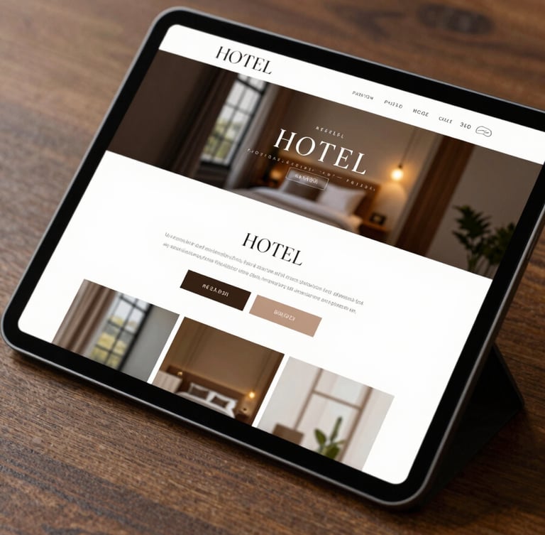 A close-up shot of a tablet displaying a modern, elegant hotel website design. The surrounding environment features polished wood textures in #4A2D2A and warm ambient lighting, reflecting a professional and high-standard finish.