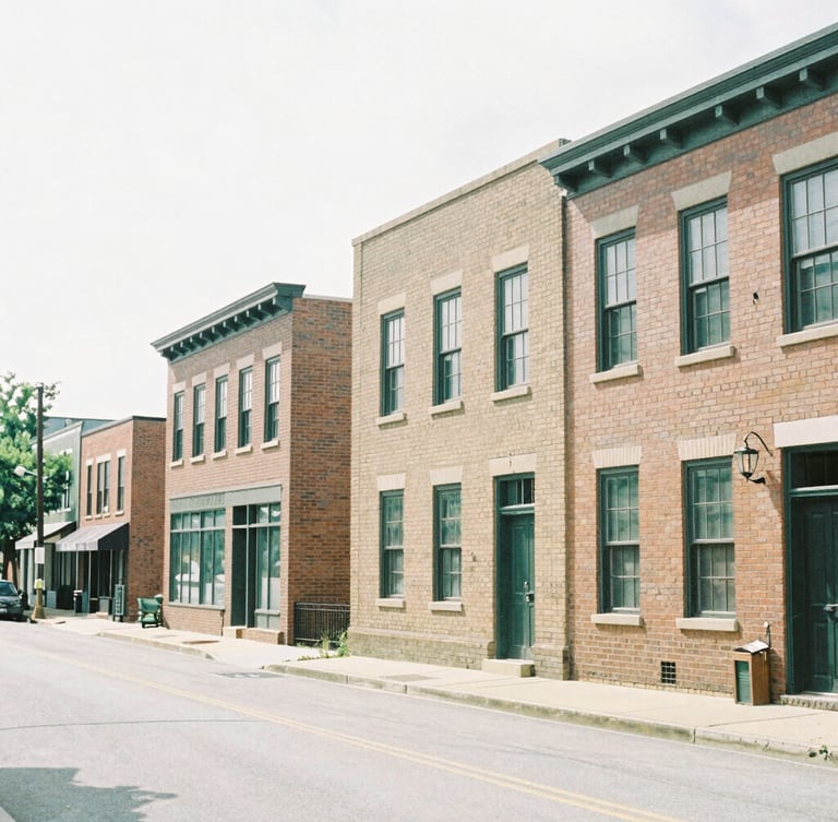 A bright, natural overcast daylight photo of a clean Westboro streetscape with distinctive brick architecture, soft shadows, taken with a 35mm lens