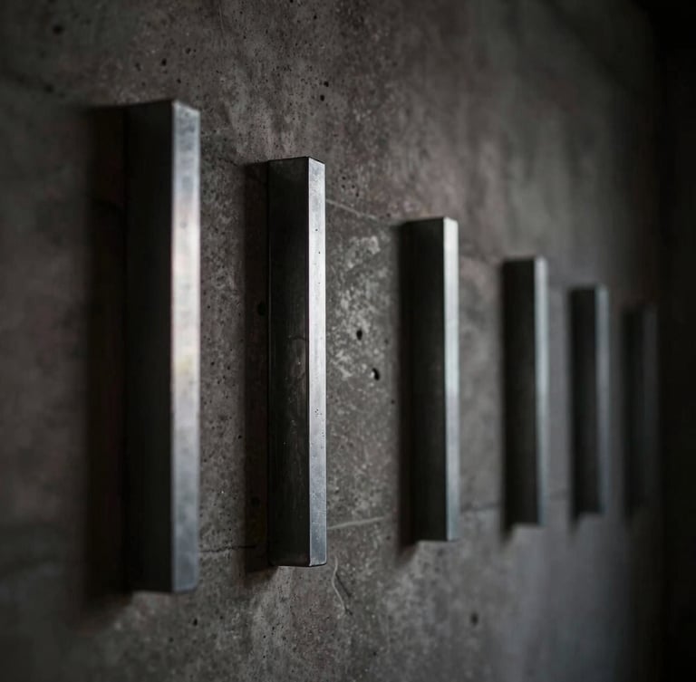 Macro architectural photograph of cold-rolled steel wine pegs anchored to a dark concrete wall, dramatic side-lighting, razor-sharp focus on clean joints, desaturated tones