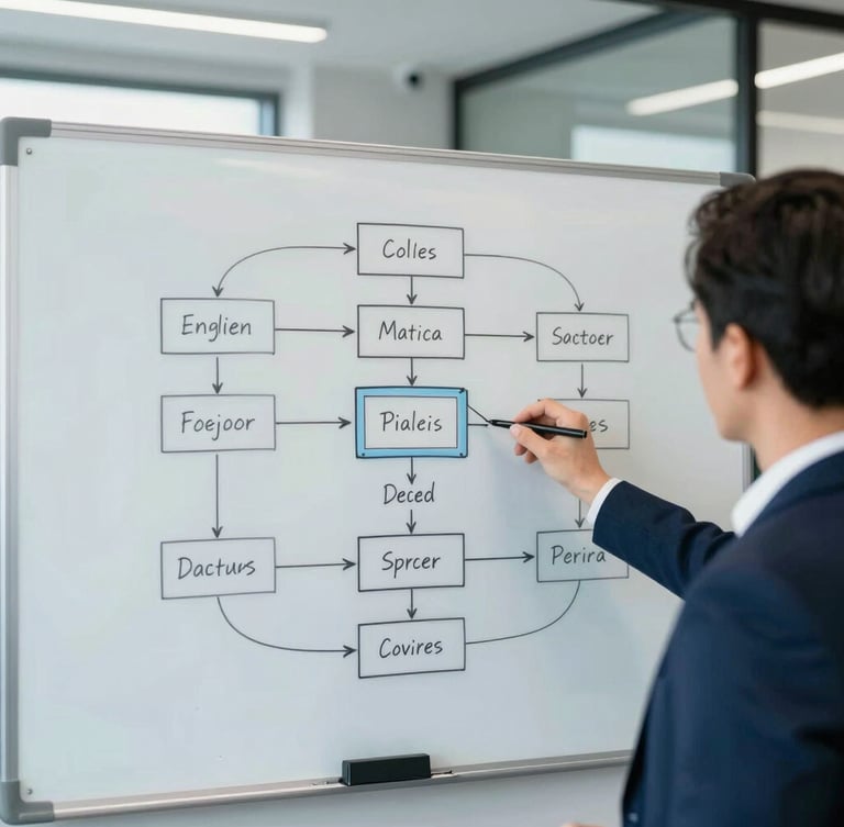 Over-the-shoulder view of a consultant mapping a complex process flowchart on a whiteboard, modern corporate boardroom background, natural light