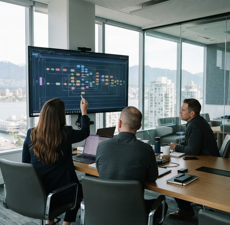 Over-the-shoulder view of a collaborative IT consulting team analyzing a complex process map on a screen in a bright Vancouver boardroom, natural daylight, deep blue and cool gray tones, professional corporate photography, 35mm lens