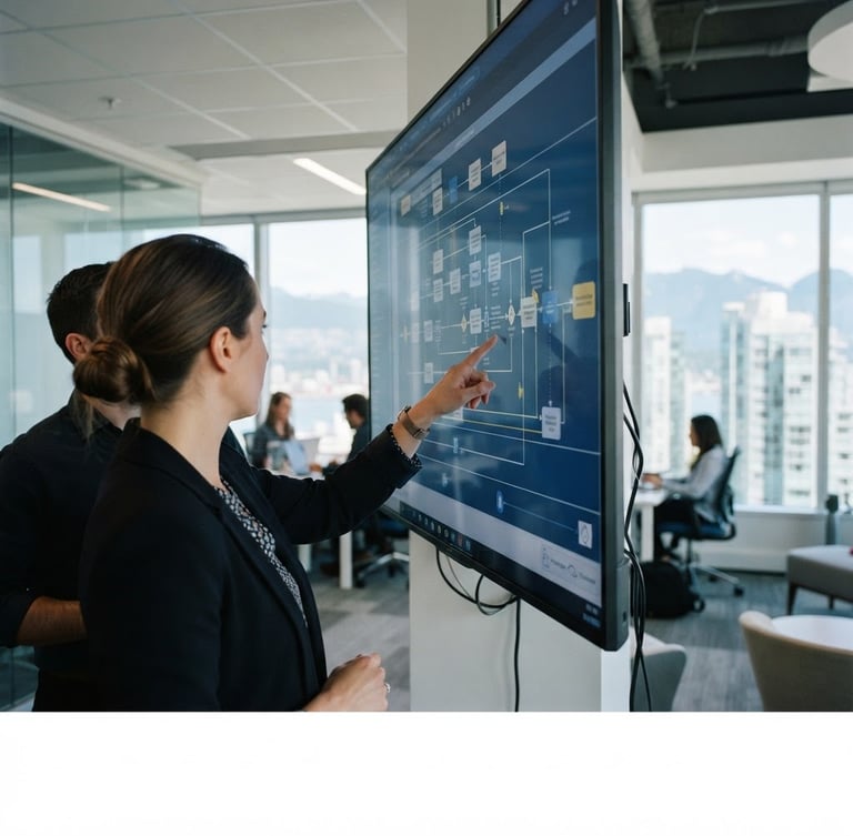 Over-the-shoulder view of a professional business analyst pointing at a complex system process map on a large screen in a Vancouver office, clean corporate lighting, deep blue tones, 35mm lens.