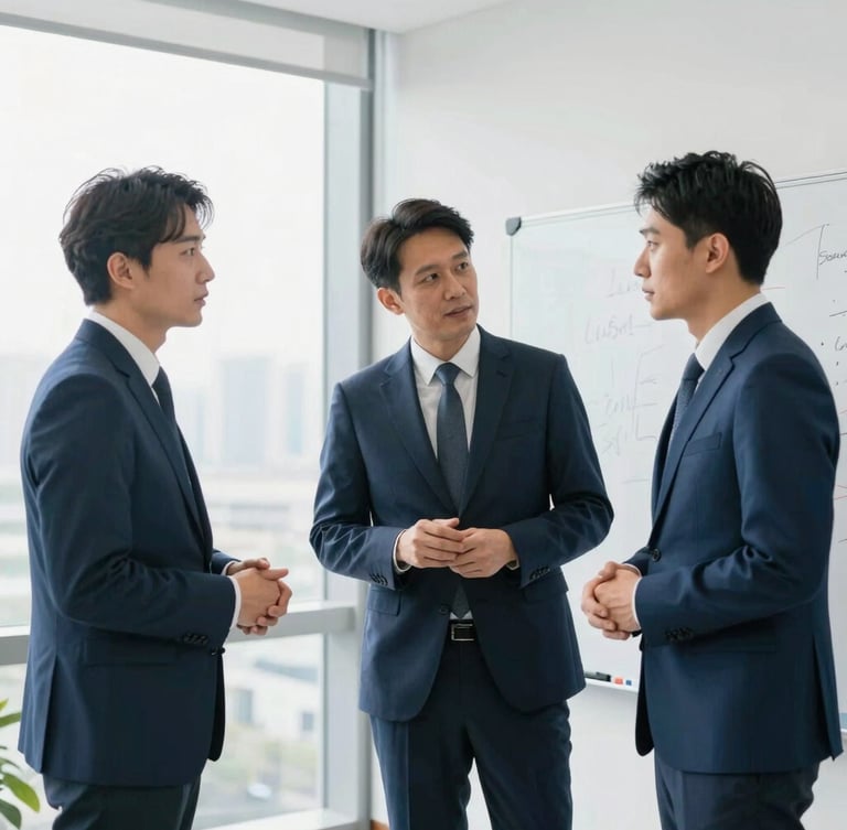 A collaborative corporate team of three analysts in active discussion around a whiteboard in a modern boardroom, bright natural daylight, professional corporate photography.