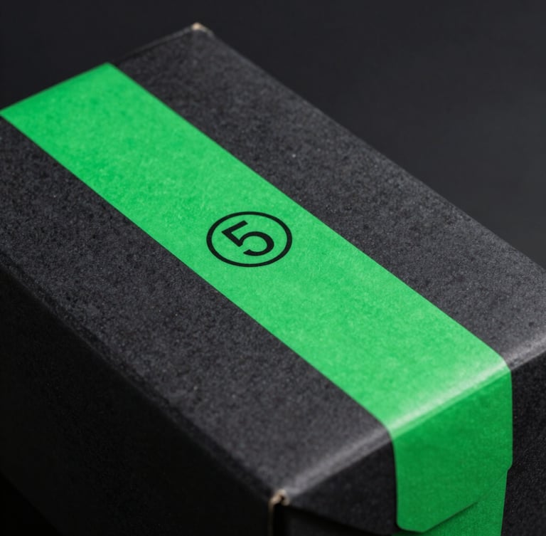 Sleek close-up of a premium shipping box with a bright green security seal, high-contrast studio lighting, deep charcoal background, sharp focus