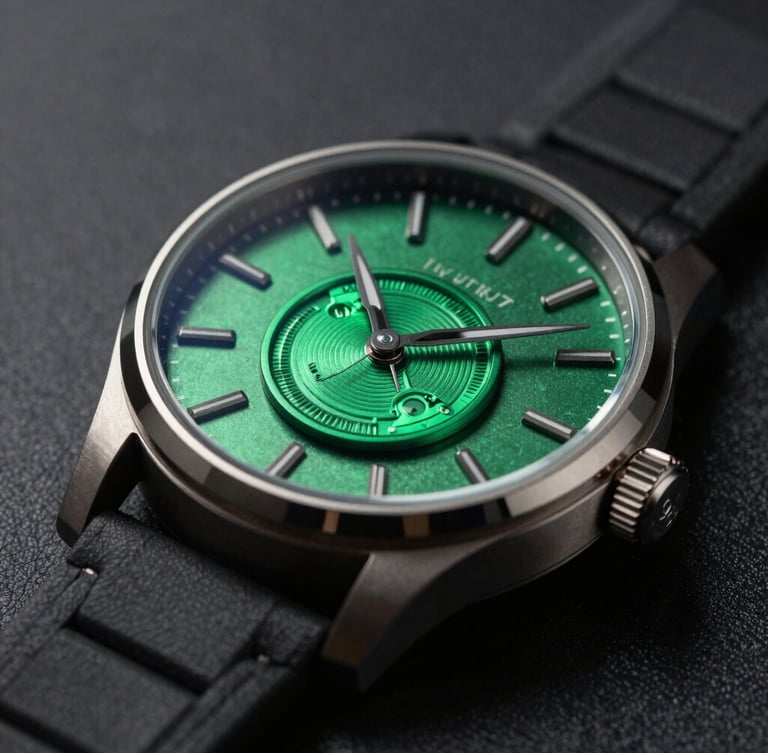 Sleek luxury watch with electric green details, high-contrast studio lighting, deep charcoal background, sharp focus, macro shot showing original factory seal