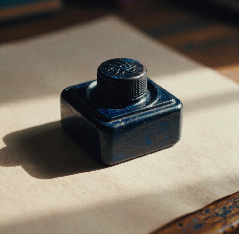 Macro close-up of a hand-carved wooden inkwell on a weathered desk, warm morning light casting long shadows across textured paper.