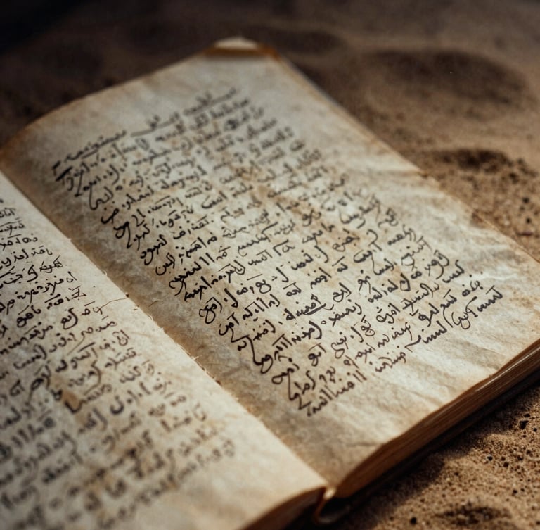 Close-up of weathered Somali manuscripts, yellowed paper with hand-written script in black ink, low-key dramatic natural light