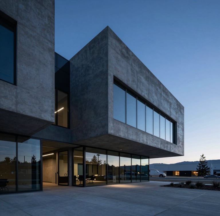 Sleek architectural photography of a modern concrete venture office in St George Utah, cool blue-hour twilight lighting, deep charcoal and horizon blue tones, wide-angle cinematic lens.