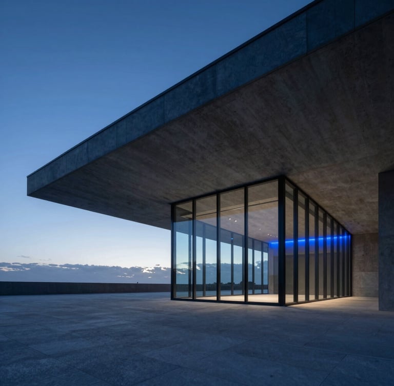 Wide-angle architectural photography of a sleek, modern concrete and glass pavilion in St George at twilight, cool blue-hour lighting, sharp geometric lines, horizon blue accent glow.
