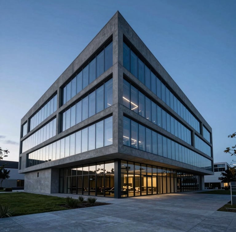Wide-angle architectural shot of a modern concrete venture office in St George, cool blue-hour twilight lighting, sharp geometric lines, sky reflection on glass.