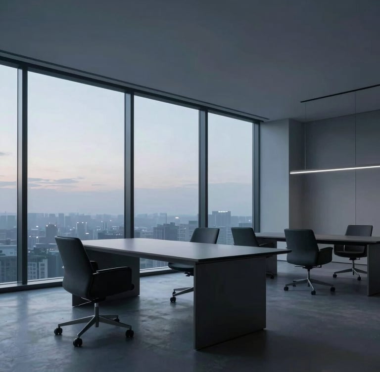 Sleek collaborative workspace with minimalist charcoal furniture, sharp architectural lines, soft mist gray tones, cool morning light coming through large windows.