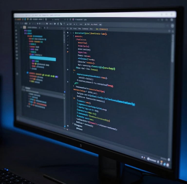 Extreme close-up of a high-end workspace setup, sleek ultra-wide monitor displaying dark mode code, moody blue rim lighting, sharp contrast, premium minimalist aesthetic