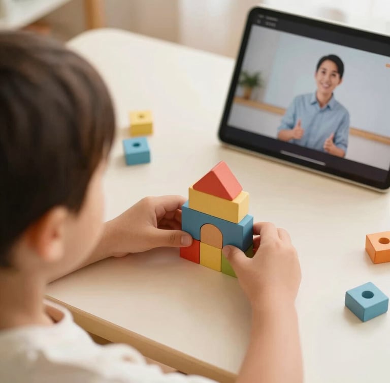 Over-the-shoulder warm editorial shot of a child's hands placing colourful wooden math blocks on a cream desk next to a tablet showing a friendly tutor, soft natural daylight, 35mm.