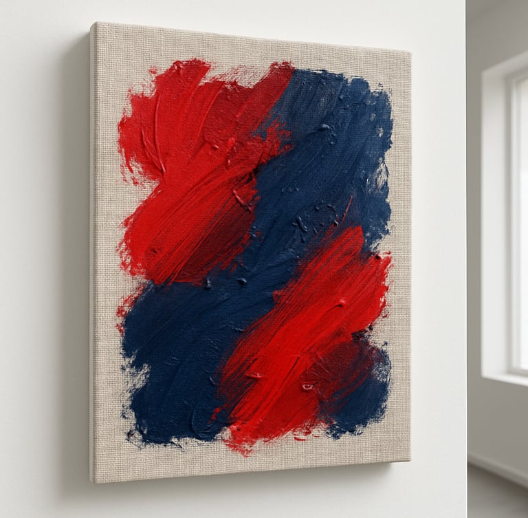 Close-up of rich, textured red and deep blue paint strokes on a heavy linen canvas, bright natural gallery lighting, 35mm