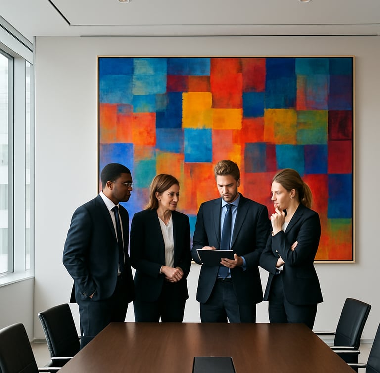 Architectural wide shot of a modern corporate boardroom, a team of executives standing in front of a giant vibrant multi-layered abstract painting, collaborating with intense focus, bright daylight