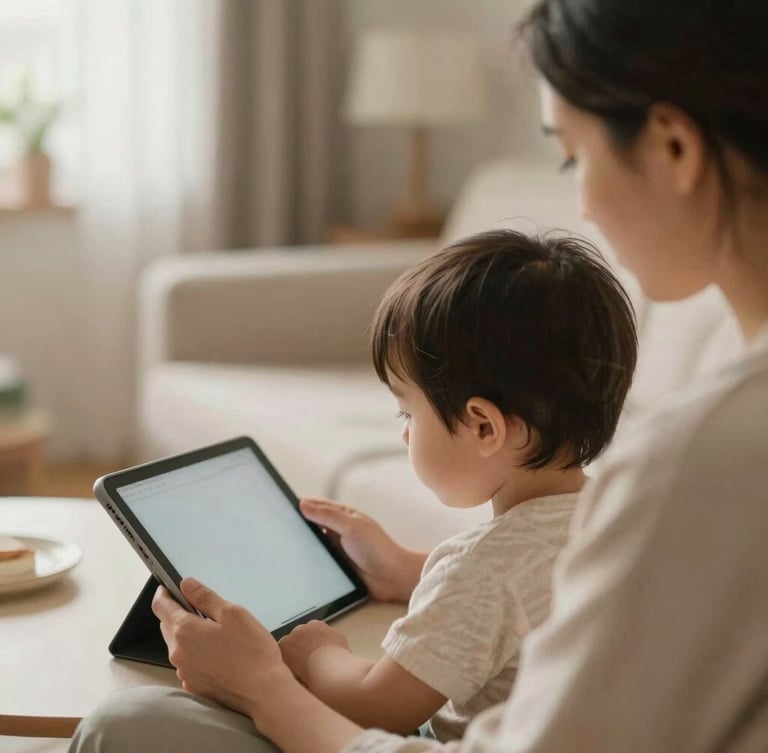 Over-the-shoulder view of a mother gently guiding her child on a tablet, soft warm morning light filling a calm domestic room, muted earth tones, shallow depth of field