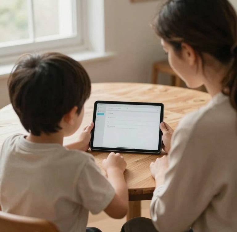 Over-the-shoulder shot of a mother and her young son sitting together at a wooden table, looking at a tablet screen with a calm, simplified interface, warm morning light filtering through a window, muted earth tones.