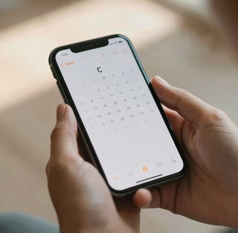 Close-up on hands holding a mobile device displaying a simplified, high-contrast calendar interface, warm afternoon light, soft focus.
