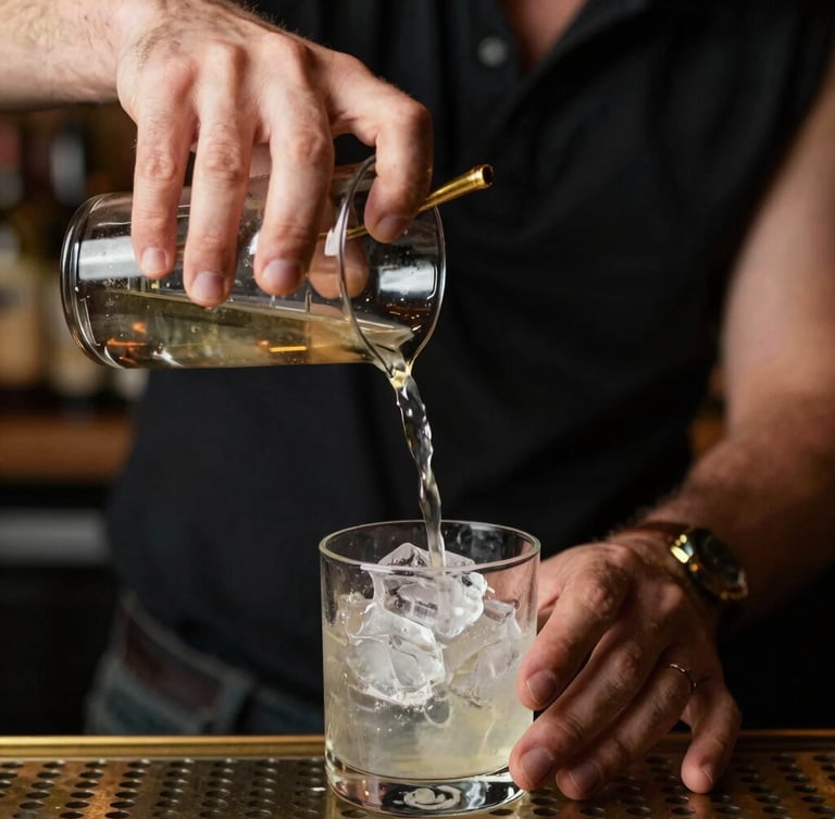 Candid, close-up shot of a bartender's hands pouring a cocktail over clear ice, warm brass accents, moody lighting, motion blur