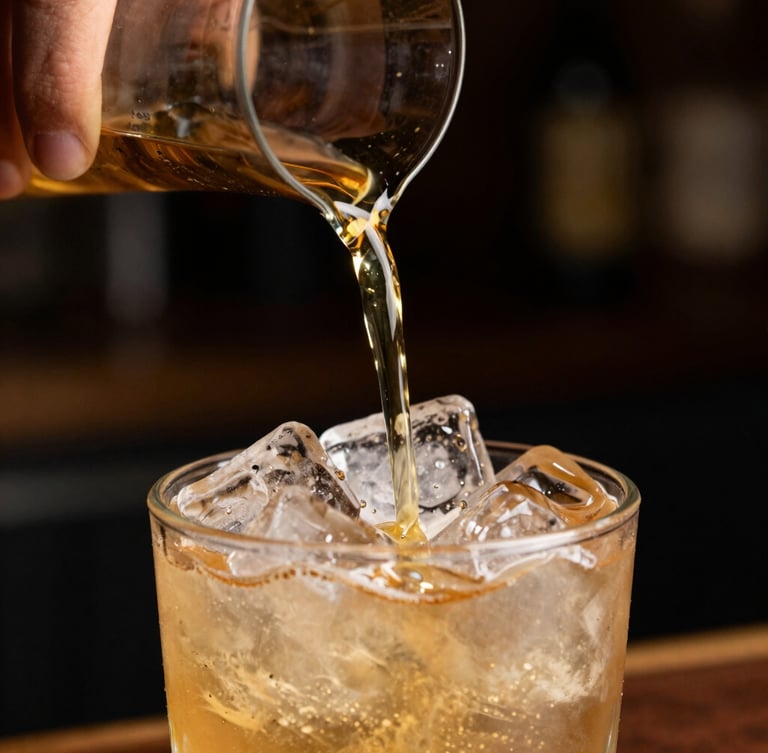 Extreme close-up of a hand pouring a perfectly measured golden cocktail over clear ice, dark moody background, warm brass lighting.