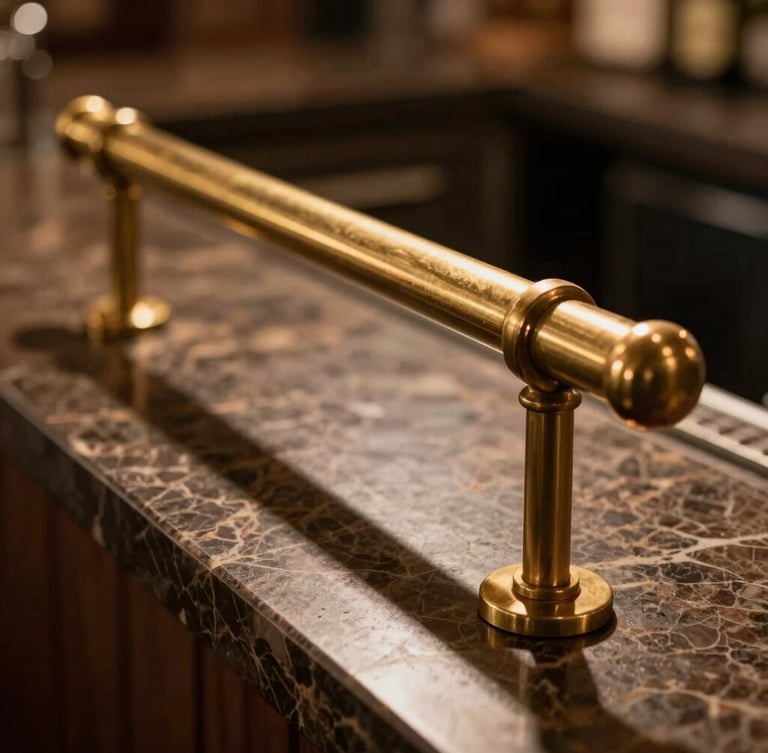 Extreme close-up of a premium brass bar rail and dark marble counter, warm low-key hospitality lighting casting long shadows.