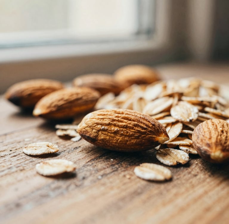 Macro close-up of raw almonds and whole rolled oats on a rustic wooden surface, warm side-lighting from a window, soft shadows, 35mm film style