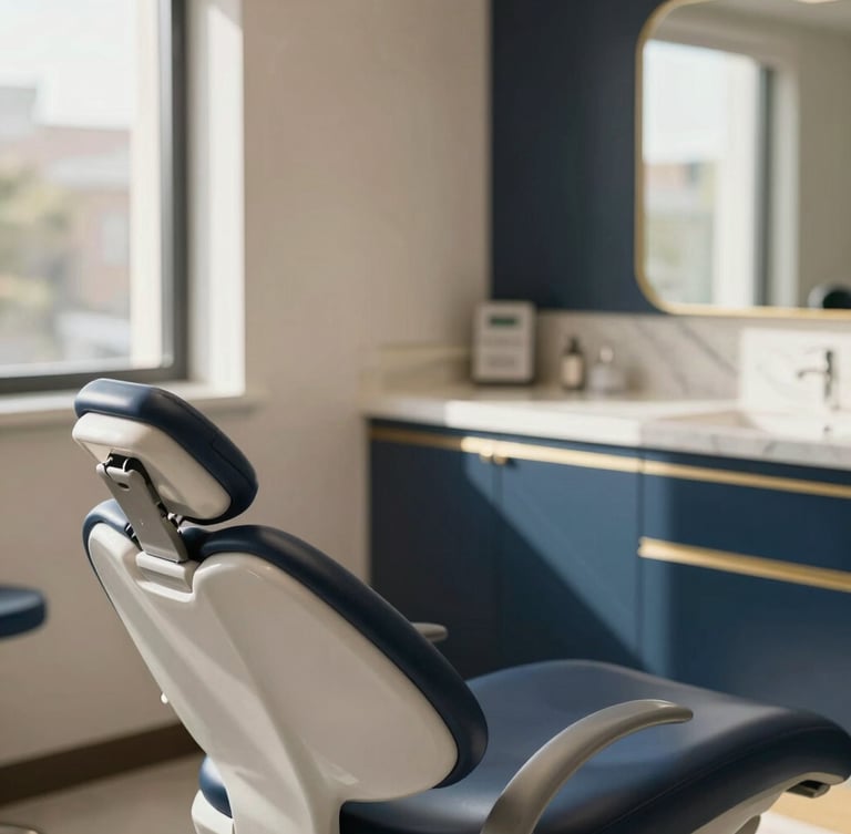 Warm editorial photography of a serene, architectural luxury dental suite in Brickell, soft natural window light casting gentle shadows on cream marble surfaces, deep navy accents, shallow depth of field, 85mm