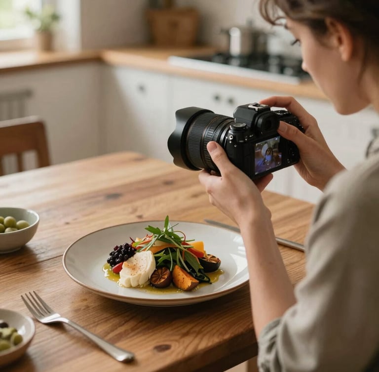 A close-up over-the-shoulder shot of a photographer adjusting a camera lens in a rustic, sunlit kitchen, capturing a beautifully plated seasonal dish on a wooden table, soft natural daylight, warm earthy tones.