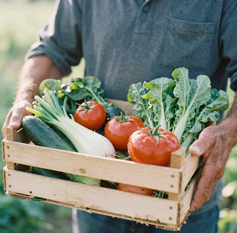 A local farmer with weathered hands holding a wooden crate overflowing with fresh, vibrant seasonal vegetables, soft natural morning light, shallow depth of field, 35mm film aesthetic.