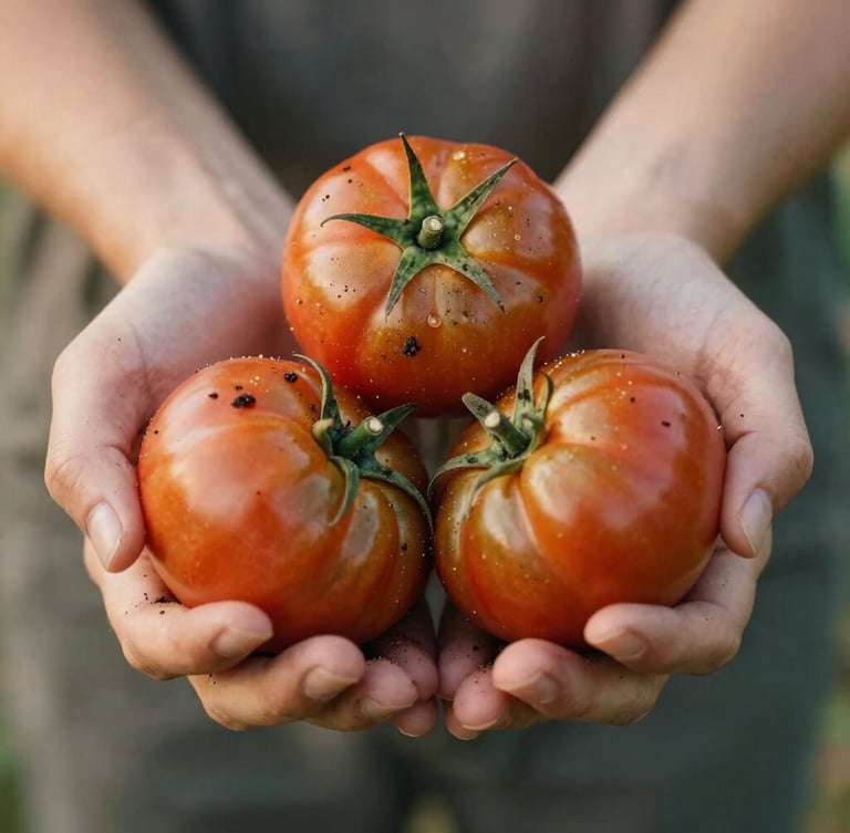 Close-up macro shot of hands holding freshly harvested heirloom tomatoes, soil visible, warm golden hour natural light, shallow depth of field.