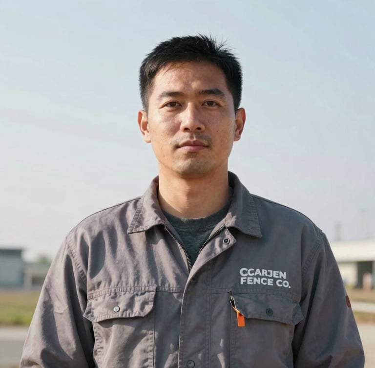 Portrait shot of a Carjen Fence Co. crew member in work attire, looking directly at the camera, confident and professional, bright morning daylight, clean background, 35mm lens.