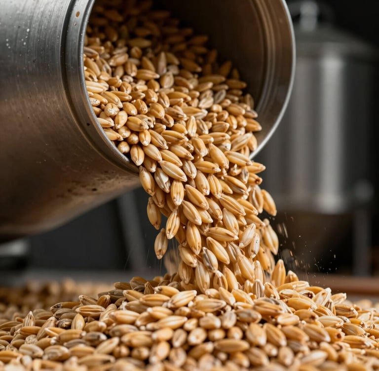 Extreme macro shot of golden feed barley pouring into an industrial silo, high-contrast lighting highlighting the texture and purity of the grain.